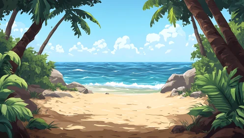 Tropical Beach Cove with Palm Trees and Ocean Vista.