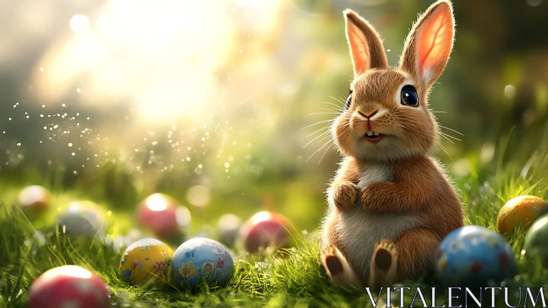 Sunlit meadow bunny guarding a treasure of painted eggs.