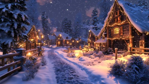 Snowlit village glows while winter cobblestones quietly sparkle