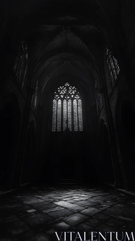 Gothic cathedral nave drowned in shadow and silvered light.
