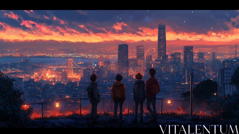 Friends observing illuminated city skyline at sunset.