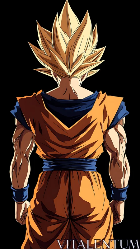 Spiky haired fighter in orange gi viewed from behind.