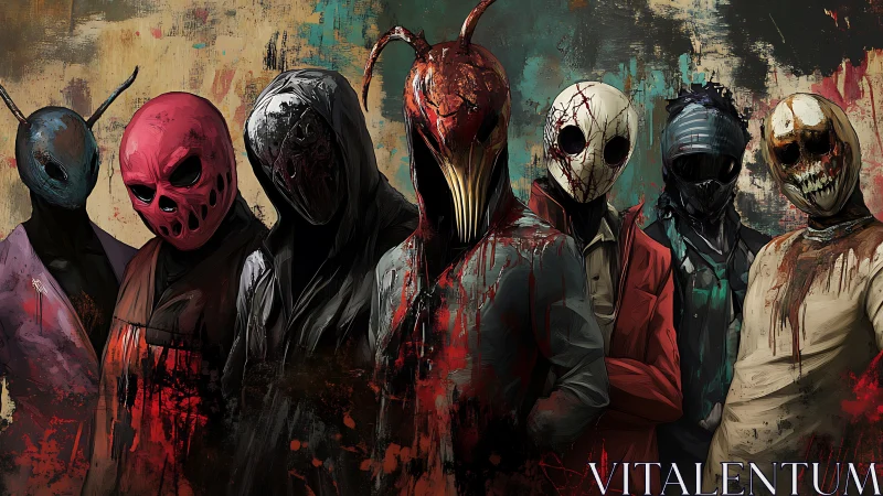 Masked horror collective stand amid abstract bloodstained chaos.