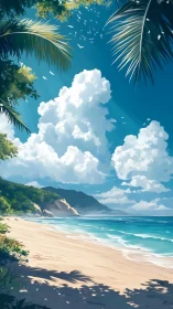 Tropical Paradise Beach with Towering Cumulus Clouds.