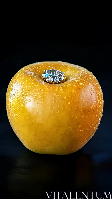 Golden apple cradles sparkling diamond ring in contrast.