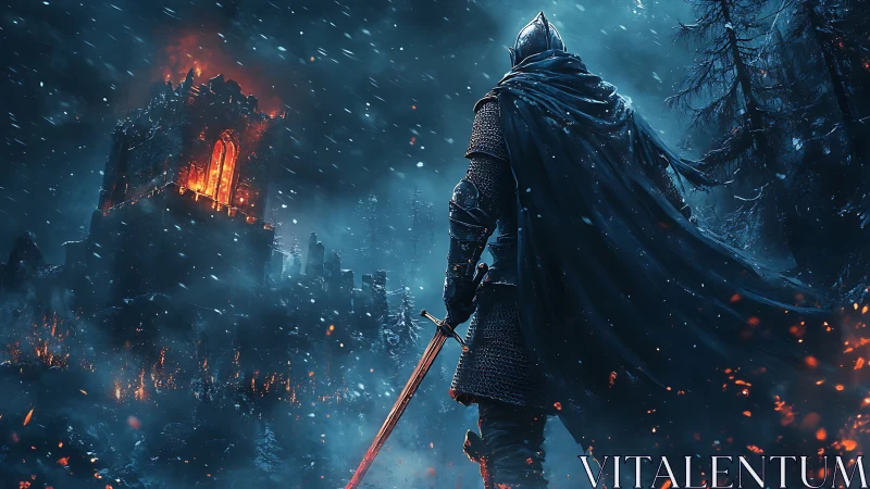 Armored warrior confronts burning fortress in frozen night.