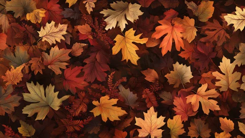 Autumn foliage pattern with layered orange and crimson leaves.