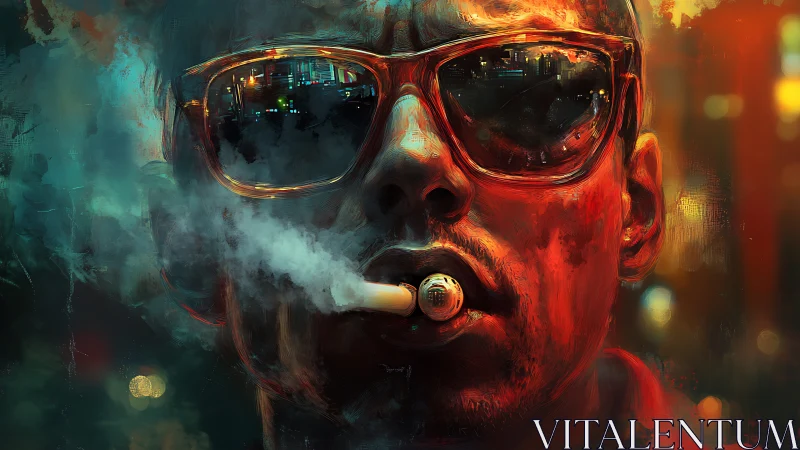 Close portrait of smoking man with neon reflections at night.