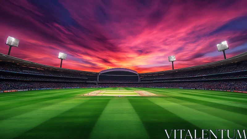 Sunset cricket stadium glowing under a sky of painted fire.