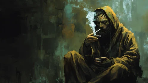 Hooded man smoking alone against dark textured backdrop.