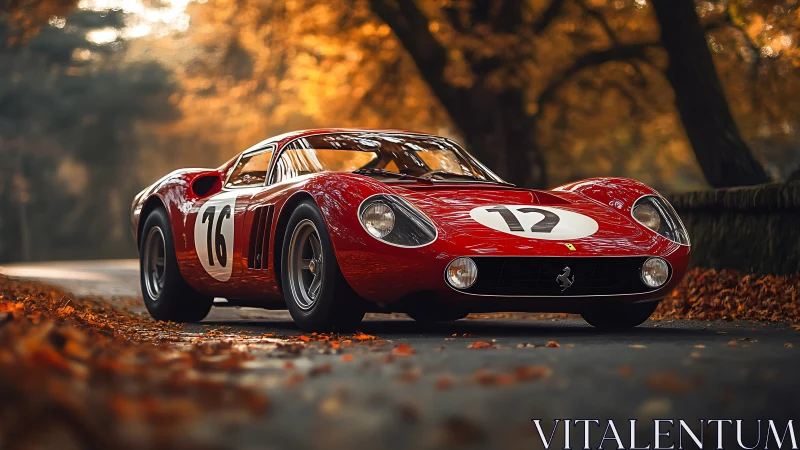 Classic red race car glides through autumn forest road