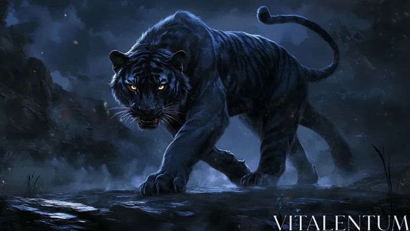 Midnight black tiger stalking forward in misty blue night