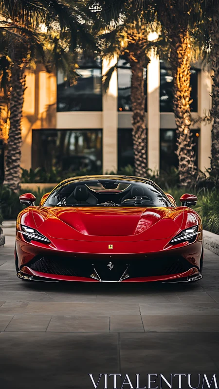 Red Ferrari sports car parked under tall palm trees.
