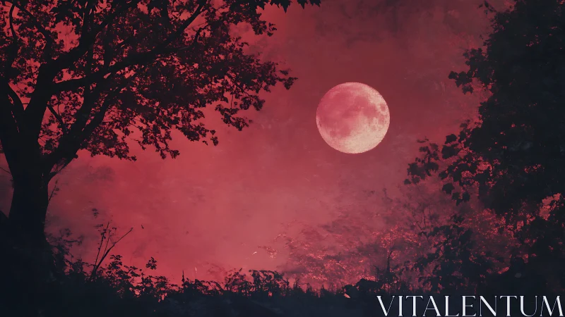 Crimson moon rises over shadowed forest silhouettes at dusk