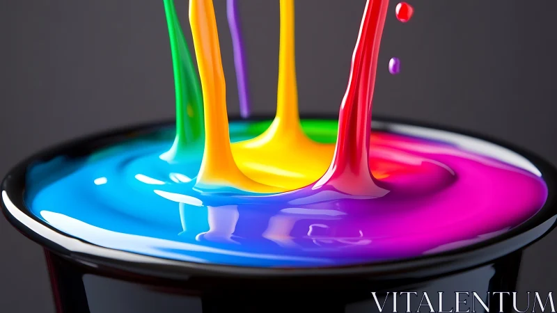 Colorful paint streams pour together in a joyful rainbow blend