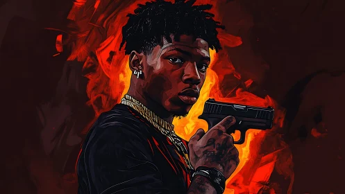 Stylized portrait of man with handgun in fiery backdrop.