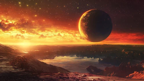 Alien horizon under colossal eclipse and molten sky glow.