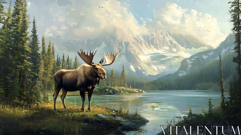 Moose monarch pauses beside glacier-lit alpine mirror lake.