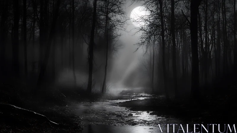Full moon over dark misty forest creek at night scene.