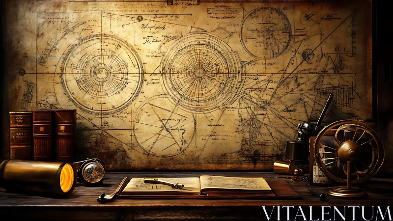 Antique astronomer’s desk glows with charts of celestial orbits