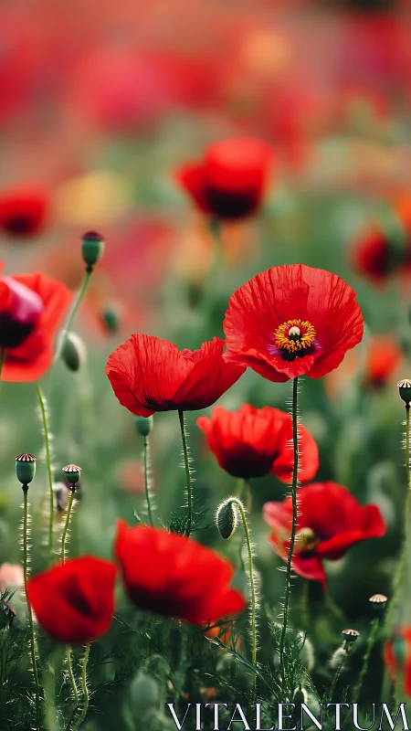 Red Poppy Field in Selective Focus with Shallow Depth of Field Rendering