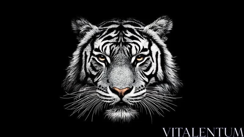 White tiger face on black background in sharp frontal view.