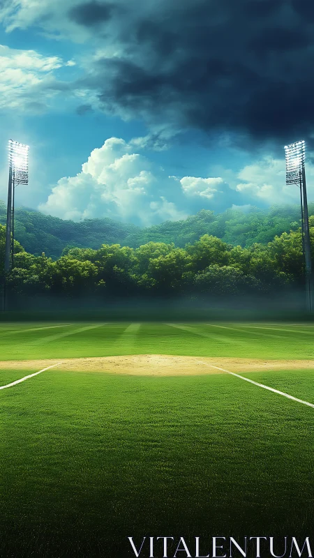 Cricket pitch under storm clouds and stadium floodlights.
