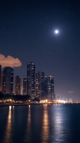 Moonlit skyline reflects softly across calm harbor waters.