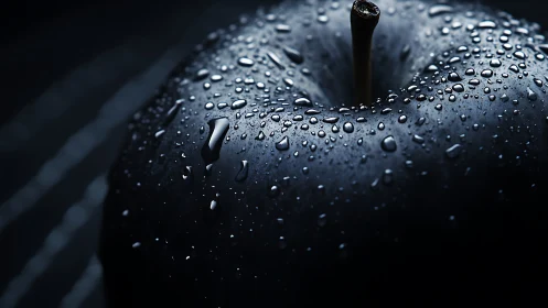 Dark-toned wet apple surface is captured in macro detail