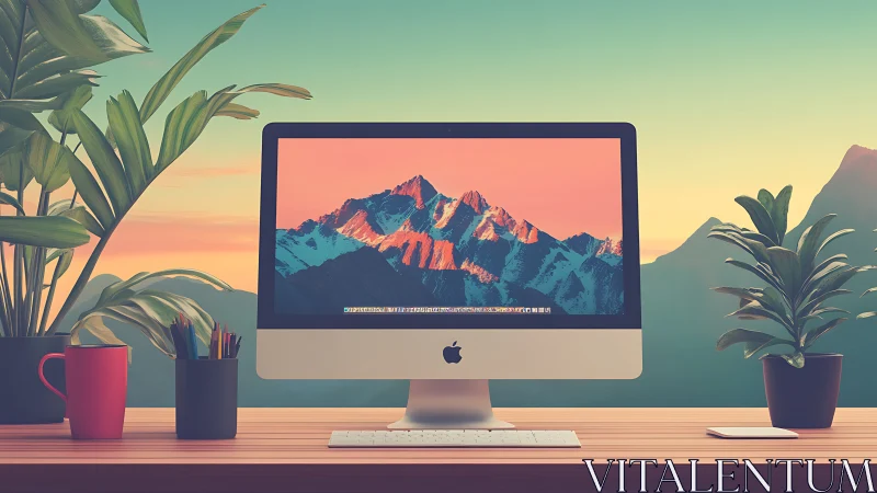 Minimalist desktop setup glows with sunset mountain screen.