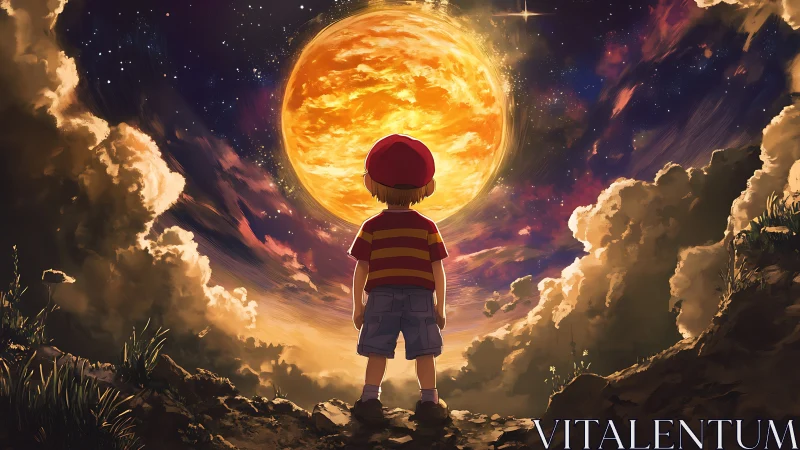 Boy in striped shirt stares at colossal glowing sun skyward