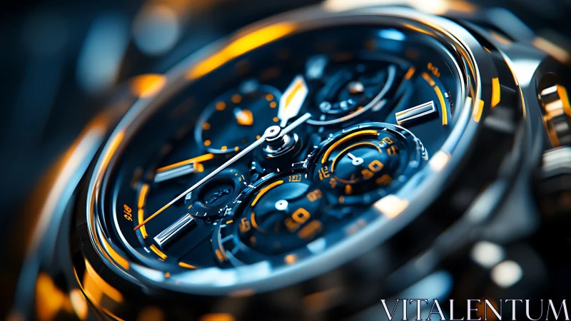 Luxury chronograph dial glows in neon blue and gold light.