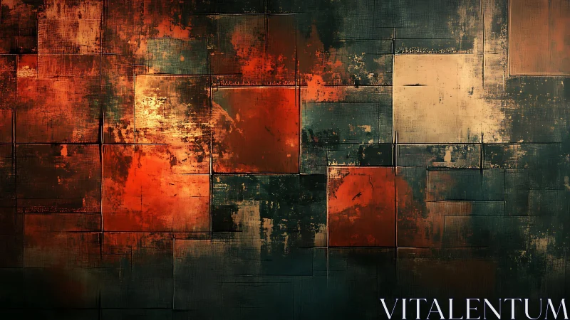 Abstract geometric painting with warm reds and textured modern style.