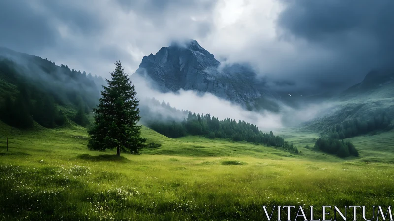 Moody alpine valley with fog bands and isolated conifer foreground
