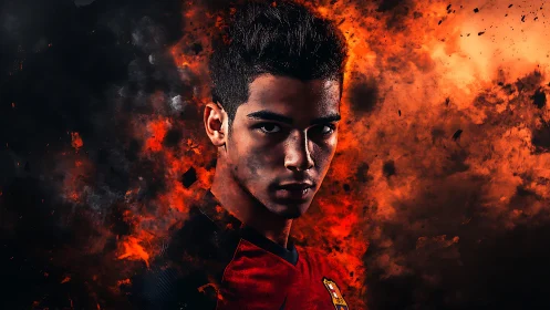 Explosive portrait of intense athlete within blazing smoke.