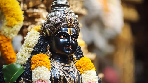 Radiant temple deity adorned with golden blooms and jewels.