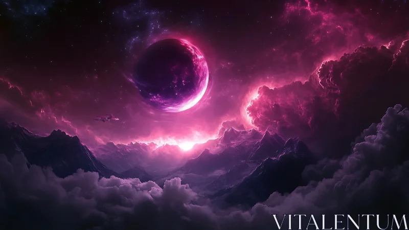 Magenta nebula sky illuminates alien mountain range and eclipsed moon