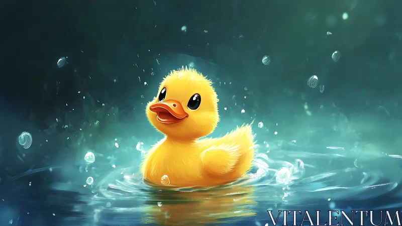 Vivid yellow duckling in splashing teal water, soft rim light