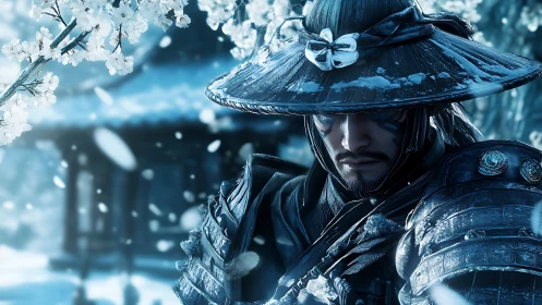Stoic samurai warrior in snowy blossom garden scene.