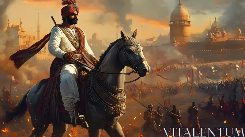 Mounted commander before fortified city during large battle.