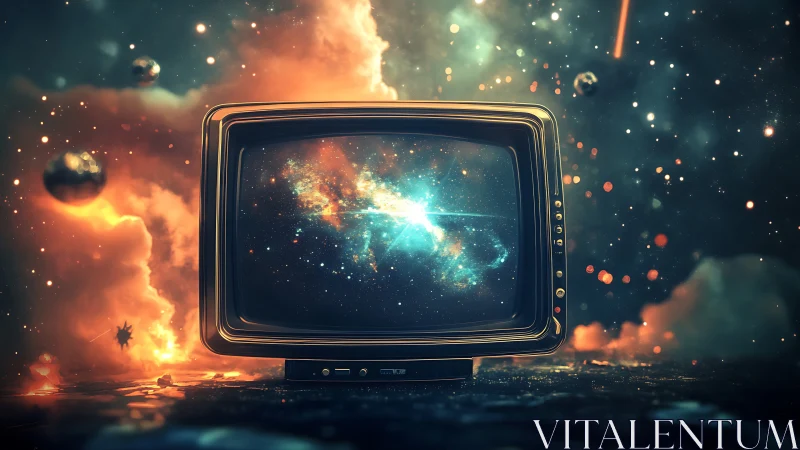 Retro TV portal renders luminous galactic nebula horizon.
