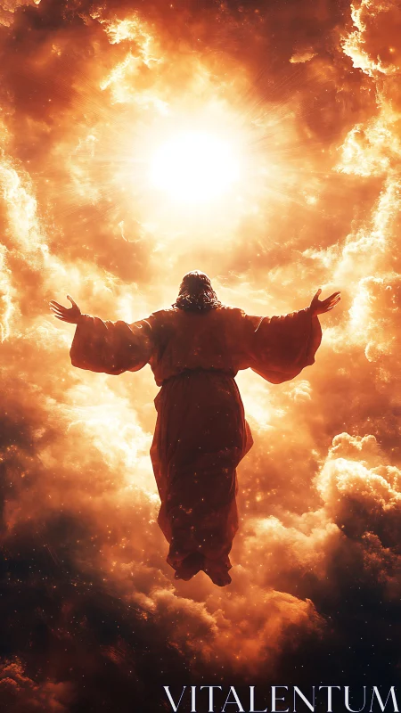 Backlit robed figure ascends toward radiant celestial light