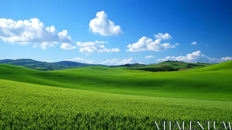 Green rolling hills under blue sky with scattered clouds.
