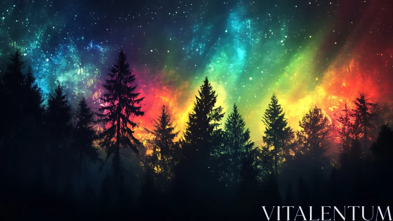 Conifer forest silhouette under multicolor starfield sky.