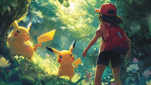 Backlit forest encounter unites trainer and two Pikachu companions