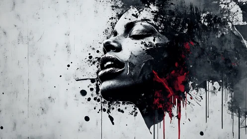 Abstract portrait merges emotion with monochrome splatter art.