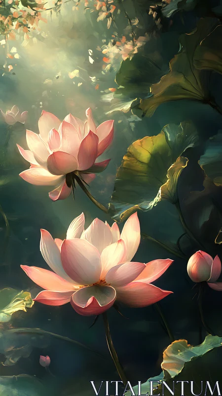 Digital rendering shows lotus flowers and foliage in water