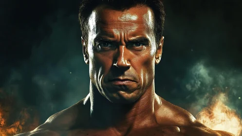 Muscular man stares forward amid dark smoke and fire