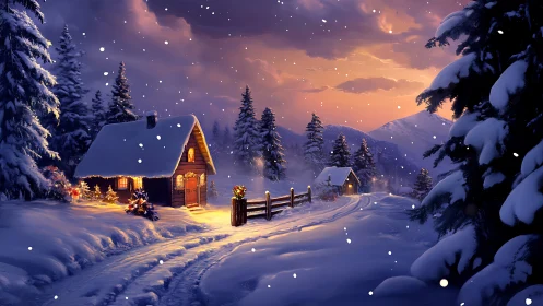 Snowy mountain cabins glow warmly beneath a tranquil dusk sky