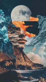 Layered seascape collage with lunar, cloud and rock forms.